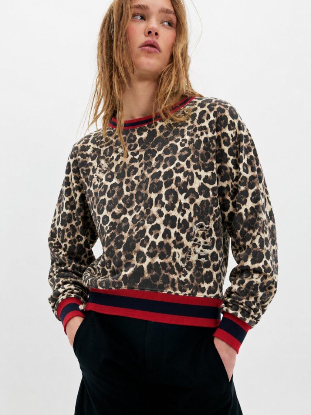 PAM & GELA ANIMAL PRINT DISTRESSED SWEATSHIRT